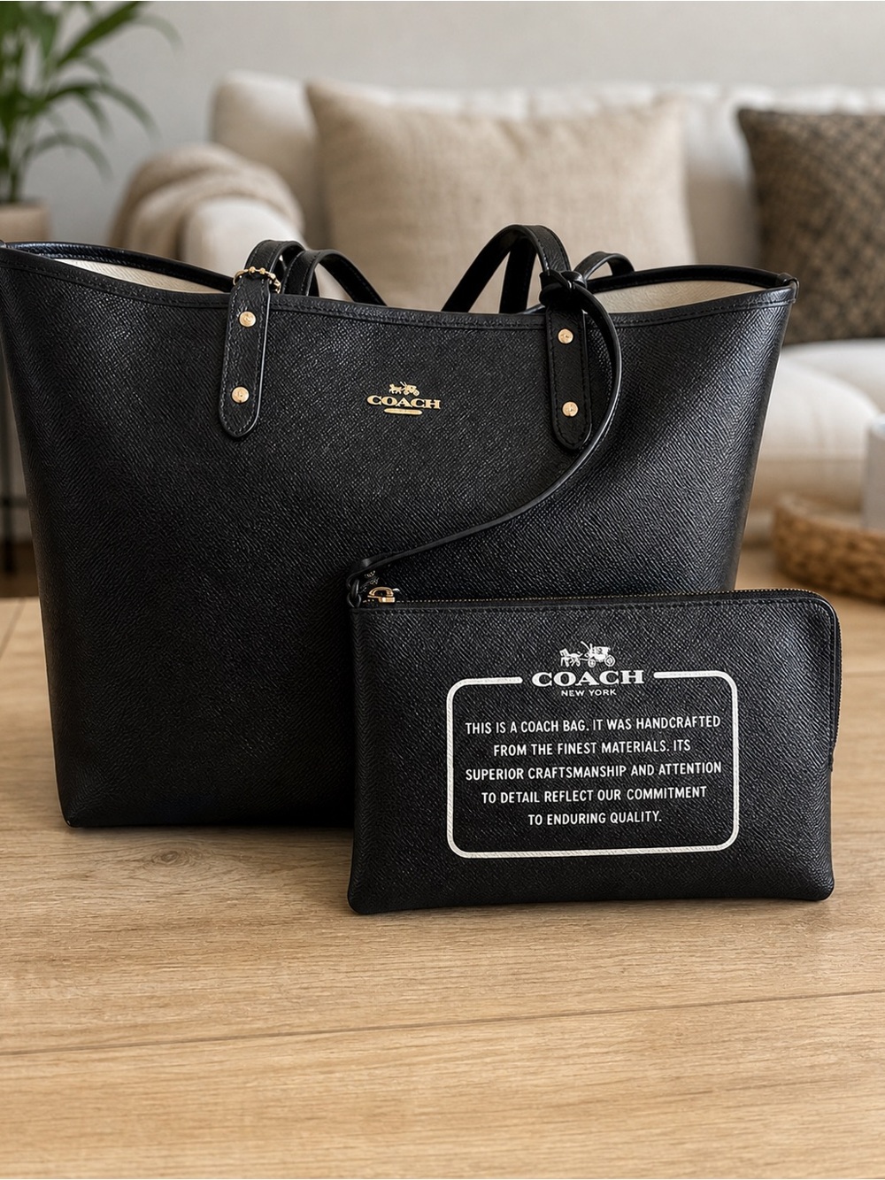 Coach Black Crossgrain Leather Tote + Matching Wristlet Pouch Set